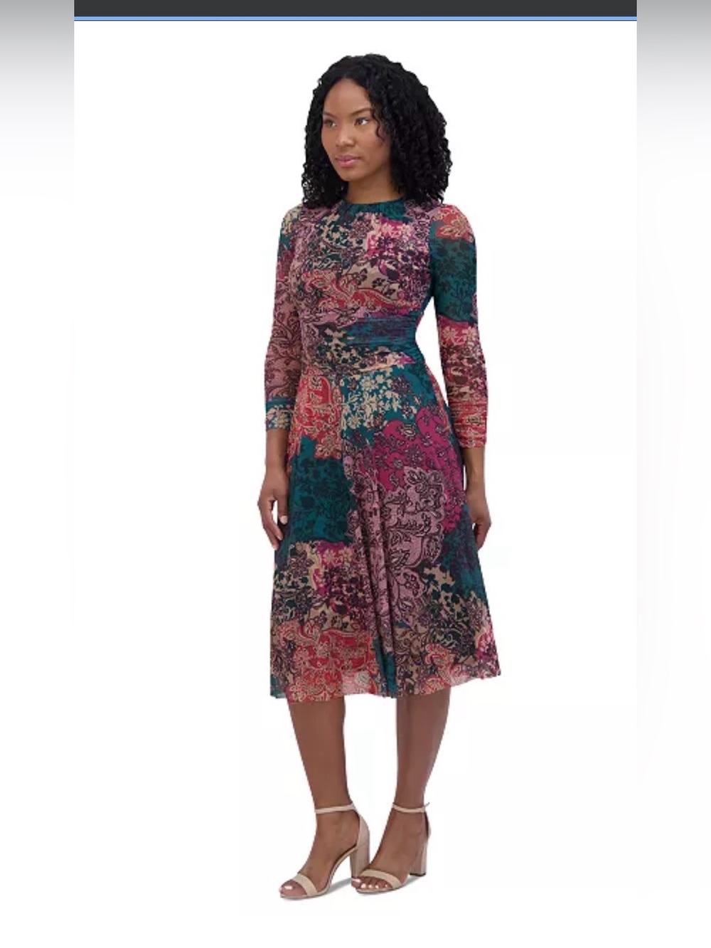 Jessica Howard Teal, Burgundy and Cream Paisley Long Sleeve Midi Dress